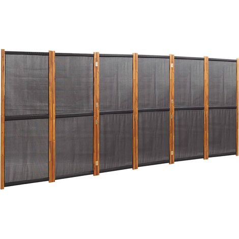 Paravent Séparateur de Pièce 6 Panneaux Pliable Bois d'Acacia et Textilène Noir 420 x 180 cm (1/5)