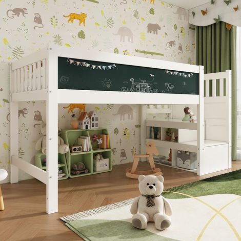 Lit mezzanine enfant 90x200 cm, avec escalier de rangement, tableau blanc et ardoise, barrières de sécurité, bois et MDF, blanc, sans matelas (1/5)