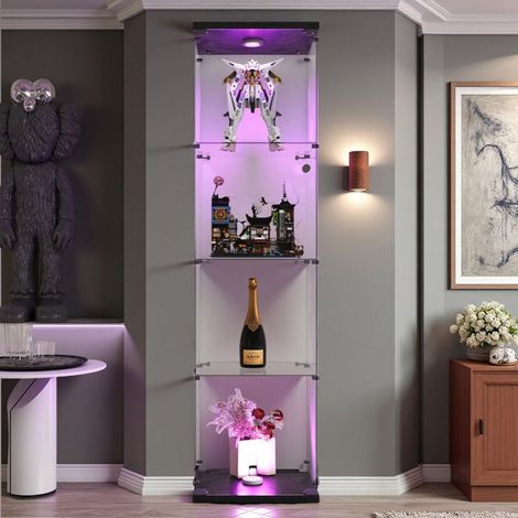 Glasvitrine mit LED, 4 Regalen, Präsentationsschrank für das Wohnzimmer, für Sammlungen, 164 x 42 x 36cm, Schwarz