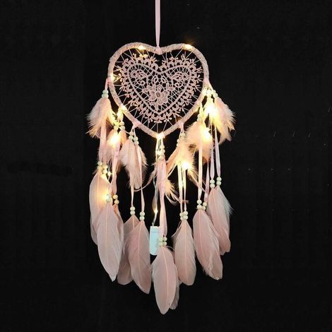 Atrapasueños navideño decorativo con luz - Lámpara de pared con diseño de plumas y corazones, hecha a mano, ideal para la mesita de noche o la decoración del hogar. (1/4)