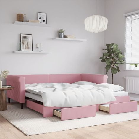 vidaXL Lit de jour avec gigogne et tiroirs rose 100x200 cm velours (1/5)