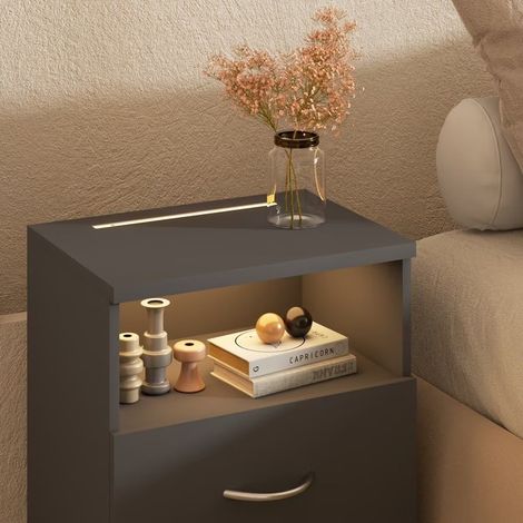 Table de chevet + LED Gris Anthracite 54 x 40 x 28 cm 2 grands tiroirs (1/5)