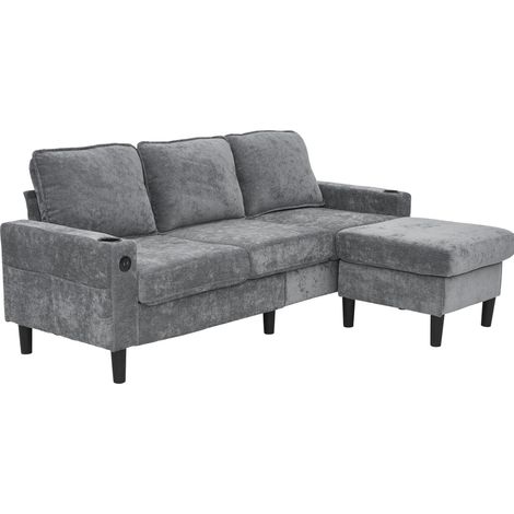 Canapé d'angle 3 places en lin gris avec ports USB et porte-gobelets pour salon (1/5)