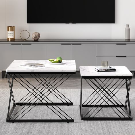 tavolo soggiorno 60x60 set 2 pezzi marmo lucido bianco OKMYHOME (1/5)
