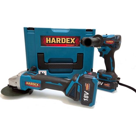 Juego 2 en 1 HARDEX: Taladro atornillador de 45 Nm, amoladora angular de 125 mm, 2 baterías de 4,0 Ah