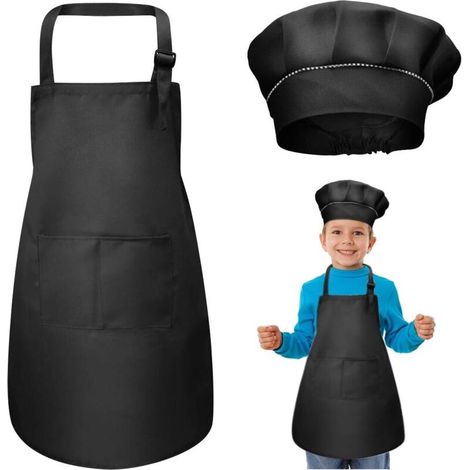 Conjunto de delantal y gorro de chef para niños, delantales de cocina ajustables con 2 bolsillos para niñas y niños, delantal de chef para jardín para niños pequeños para cocinar, pintar y hacer manua (1/5)