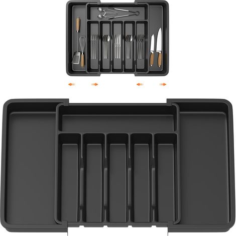 Organisateur de tiroir d'appareils de plateau de vaisselle, plateau de rangement de cuisine extensible, taille réglable, grande capacité, facile à nettoyer, noir (1/5)