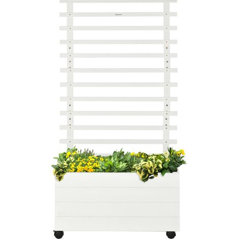 Jardiniera enrejado madera maciza soporte 4 ruedas celosía malla geotextil 76x30x155 cm blanco