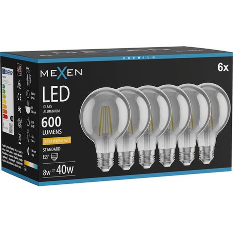Mexen Vintis 6x Ampoule filament LED E27, G80, 8W, Chaude - 2200K, 600 lm, fumée - L155-E27-0822-70x06 (1/5)