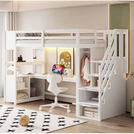 Bett Hochbett 90x200 mit Stauraum Schreibtisch HAVRYA (1/5)