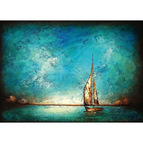 Tableau connu bleu turquoise & noir | Tableau bord de mer & bateau idéal salle de bain | Tableau été sur toile pour couloir 0,7 x 0,5 m (1/2)