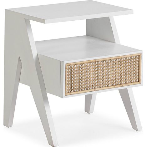 Table de chevet bois de cèdre et rotin blanc naturel design épuré - Blanc et rotin naturel (1/3)