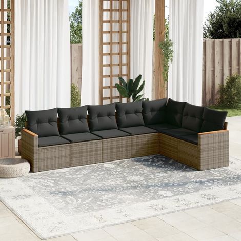 Salon de Jardin en Résine Tressée - Ensemble 7 Pièces Gris avec Coussins, Canapés, Fauteuils et Table Acacia (1/5)