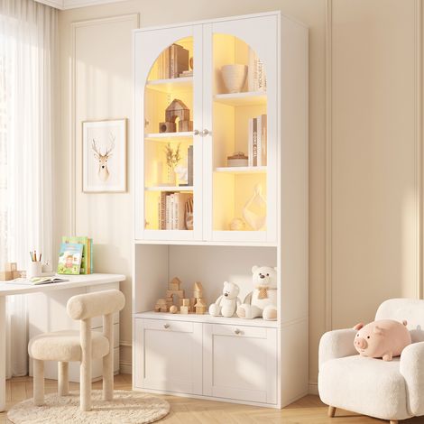 Vitrine LED 80x35x180 cm, bibliothèque, 2 portes vitrées arquées, 2 tiroirs, MDF - Blanc (1/5)