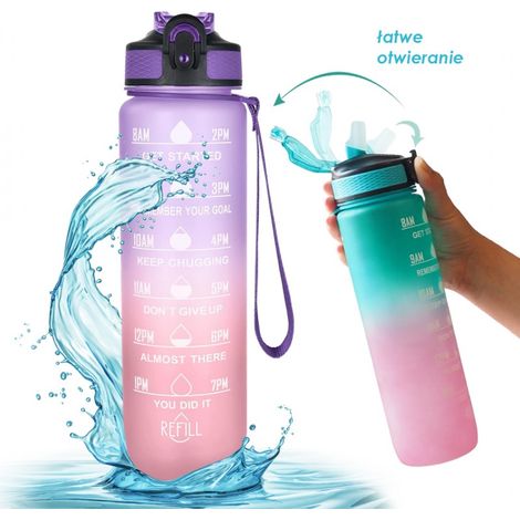 Botella de agua con vaso medidor y pajita 1L OMBRE Morado con Coral BD20