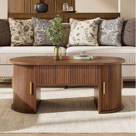 Tavolino da caffè 100x50x40.5 cm noce in MDF con piano sollevabile, porte scorrevoli e ripiani aperti (1/5)