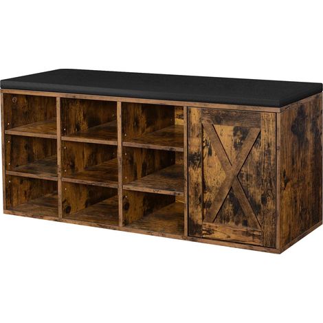Vasagle – Banc à chaussures avec coussin rembourré – Étagère à 9 casiers réglables – Placard avec porte de grange – Dimensions 110 x 30 x 48 cm – Marron rustique (1/5)