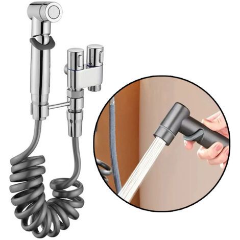 Pistolet pulvérisateur manuel noir avec flexible à ressort, en acier inoxydable, double commande, simple entrée, robinet/pistolet pulvérisateur. (1/3)