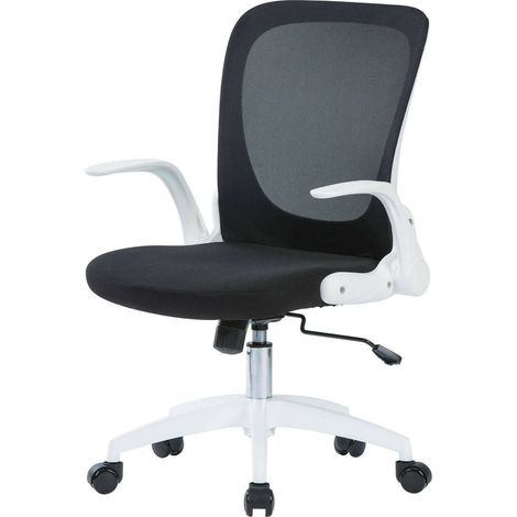 Sedia con ruote Baschi, Poltrona direzionale a rete con braccioli, Seduta ergonomica con braccioli pieghevoli, 60x59h86/96 cm, Nero e Bianco (1/3)