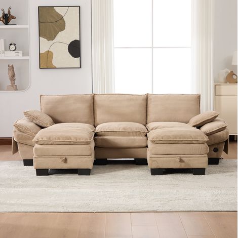 Sofá modular de 3 plazas en pana con 2 pufs, asiento ancho ergonómico, USB-C, caqui (1/5)