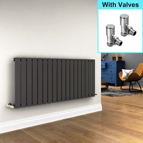 ELEGANT 600x1368mm Designer Anthracite Flat Panel Horizontal Radiator Central Heating with Angled Radiator Valves (1/5)