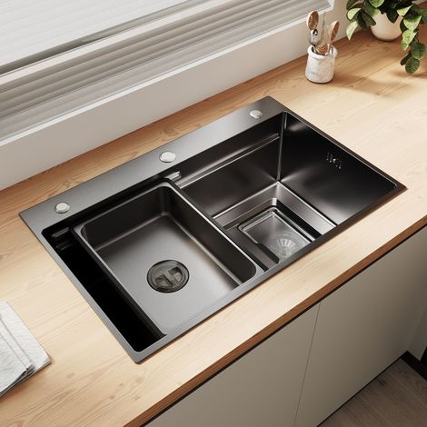 SIRHONA Évier 1 bac inox 304 noir 70x45 cm, large bord grains de riz 3D, égouttoir inclus profondeur 24.5 cm