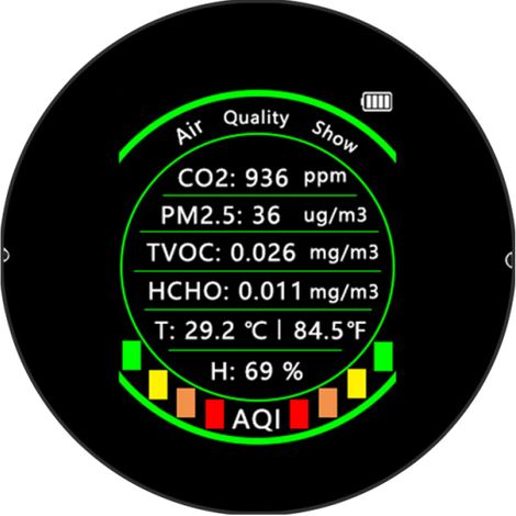 Appareil de mesure de la qualité de l'air multifonctionnel 7 en 1 : PM2.5, CO2, TVOC, HCHO, AQI, température, humidité, écran couleur portable, détecteur de dioxyde de carbone avec fonction de seuil d (1/5)