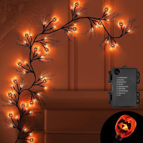1,8 m lange Halloween-Girlande mit 54 LEDs, Weidenzweigen, Kürbissen und orangefarbenen Lichtern, wasserdicht, batteriebetrieben – Orange