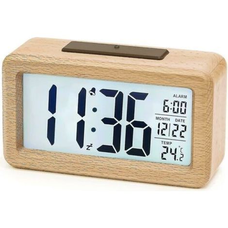 Digitaler Wecker, Tischwecker aus Holz mit Sensormodul, großem Display, Datums- und Temperaturanzeige, Dessertwecker mit Schlummerfunktion