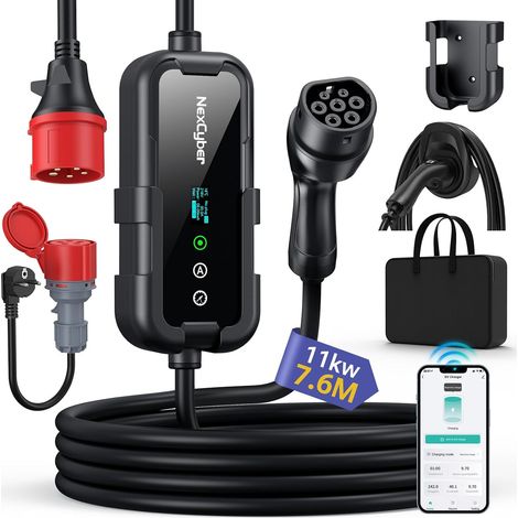 Electric Car Charger App 11 kW 7.6 m, 8-16 A, 400 V Three Phase, Type 2 Electric Car Charging Cable with OLED, Schuko, CEE IP66+FI, with Wall Bracket, for Model 3/Y, etc. EV/PHEV (1/5)