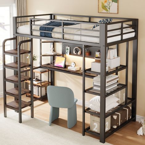 Lit mezzanine en métal 90x200 cm noir avec bureau, panneau perforé, prise européenne, LED multicolore, étagères, petite tablette et échelle verticale (1/5)