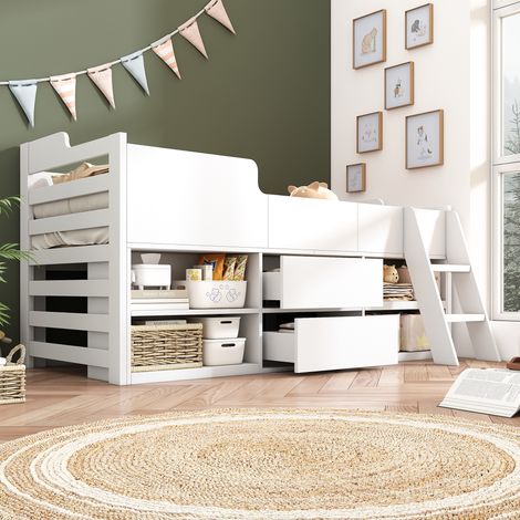 3ft Kids Low Loft Bed Frame Single Size Wooden bed Mid Sleeper w/Ladder - Large storage space - 90 x 190 cm - white (1/5)