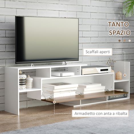 Mobile TV con Mensola a Muro, Ripiani Aperti e Armadietto Chiuso, in Truciolato Bianco e Marrone (1/5)