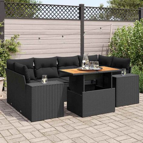 Ensemble Jardin 7 Pièces Résine Tressée Noir avec Coussins Crème - Table Réglable Hauteur, Meuble Extérieur Modulaire (1/5)