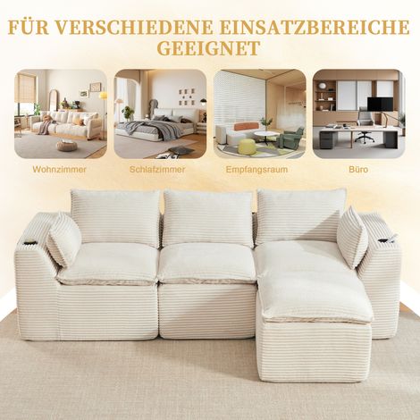 Canapé 3 places modulaire avec pouf, coussins inclus, porte-gobelets et 2 poches latérales. Rembourrage mousse et ressorts. Idéal salon et pièces similaires (tissu velours beige). (1/5)