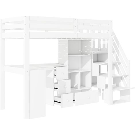 Cama alta 90x200 cm con escritorio, cajones y escalera con almacenaje blanca MODENUIT (1/5)