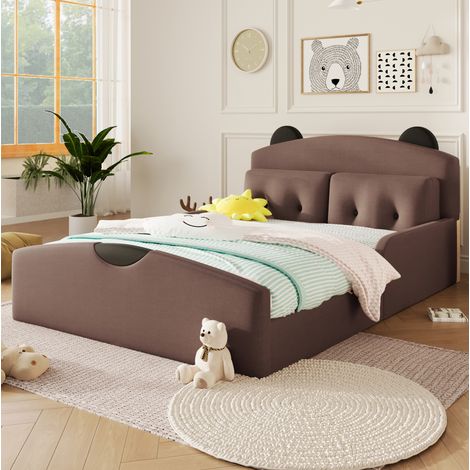 Letto a piattaforma 140x200 in lino, testiera a orso, caffè, DESVIAE (1/5)
