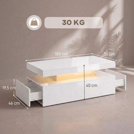 Table basse lumineuse à LED avec tiroirs, meuble de salon contemporain à deux étages, finition blanc laqué, idéal pour petit espace. (1/5)