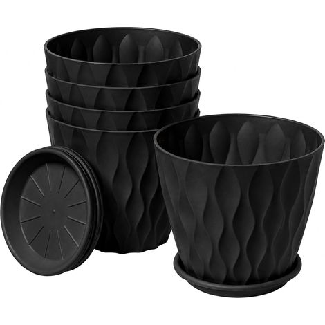 TOQUE Plant Pots,5Pc 20cm Plant Pots Indoor,Drainage,PP Plastic,Black (1/5)