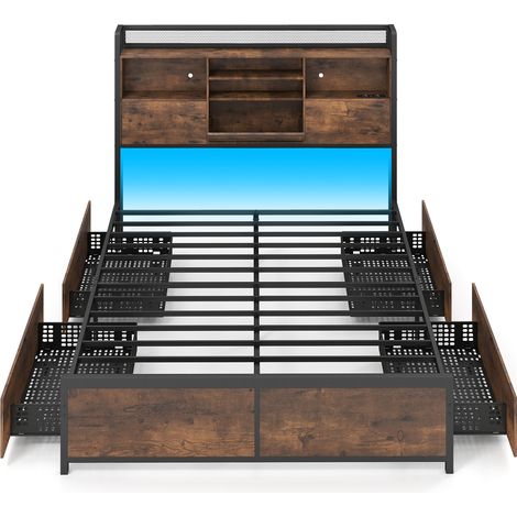 Lit 2 places en métal avec tête de lit LED RGB, 4 tiroirs, prises USB et éclairage réglable pour chambre, studio et appartement