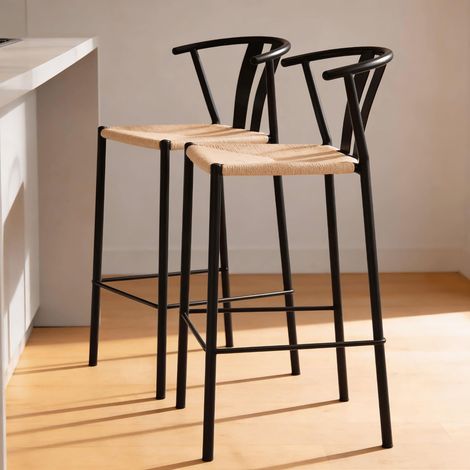 Eira Pair of Black Metal Bar Stools with Natural Woven Seats Fully Assembled (1/5)