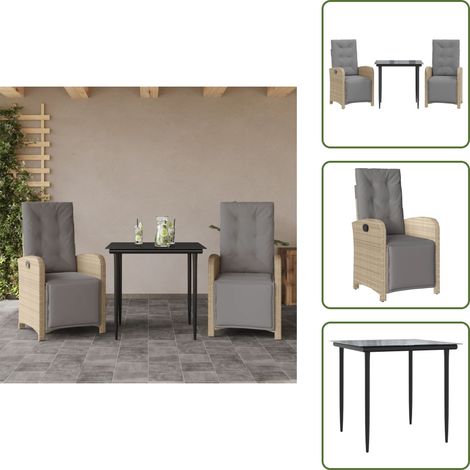 Sedie reclinabili - vidaXL Set da Bistrò 3 pz con Cuscini Beige in Polyrattan - Tavolo in vetro
