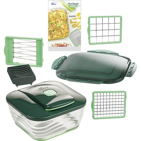 Genius – Nicer Dicer Chef Set 9-teilig – 2-in-1 XXL-Auffangbehälter – Edelstahl-Klingen G-NOX – Einfachste Reinigung – Für präzises Schneiden