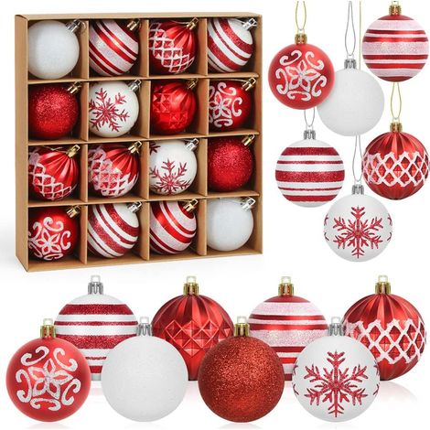 Boules de Noël rouges et blanches, lot de 16, décorations à suspendre pour sapin de Noël, diamètre 6 cm, ensemble de décorations pour sapin de Noël (1/5)