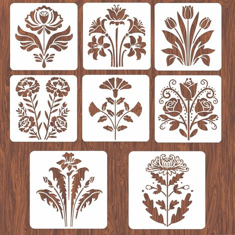 Lot de 8 pochoirs de peinture réutilisables pour mur - Motif de fleurs et roses - 30 x 29 cm - Pochoirs muraux réutilisables - Pochoirs pour travaux manuels, meubles en bois de ciment et (1/5)