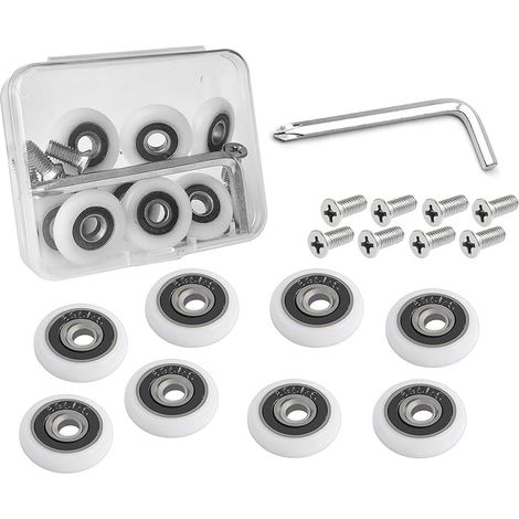 Lot de 8 roulettes de rechange pour porte de douche en acier inoxydable avec vis et kit d'outils dans un coffret en plastique compact (diamètre des roues de 19 mm, classique, option 2) (1/4)