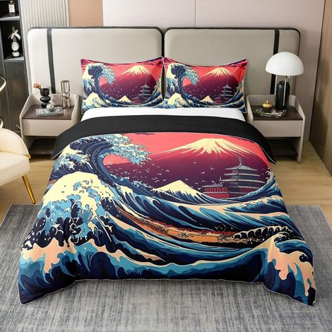 Housse de Couette 240 x 260 Japonais Ukiyoe Style Coton Parure de Lit Japon Fuji Mountain Couvre Lit Enfants Fille Garçon Coucher de Soleil Nuage Arbre Literie Set River Mountain (1/5)