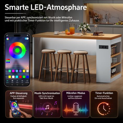 Îlot de cuisine 155 x 80 x 90 cm avec éclairage LED et prises électriques, plan de travail de 40 mm, 2 prises secteur + 2 ports USB, 3 étagères ouvertes, îlot moderne pour cuisine et salle à manger. (1/4)