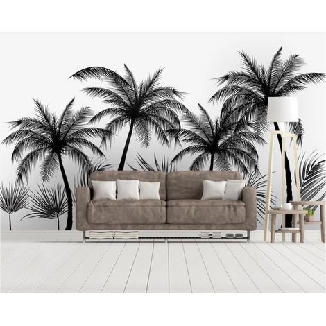 Papier Peint Noir et Blanc - Palmiers Tropicaux en Silhouette - 150 x 250 cm (1/2)