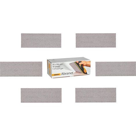 Mirka Abranet Netzschleifstreifen 70mm x 198mm Klett / Mix-Pack 5 von jeder Körnung 80, 120, 180, 240, 320, 400 / 30 Stk / zum Schleifen von Holz, Spachtel, Lack, Kunststoff (1/5)